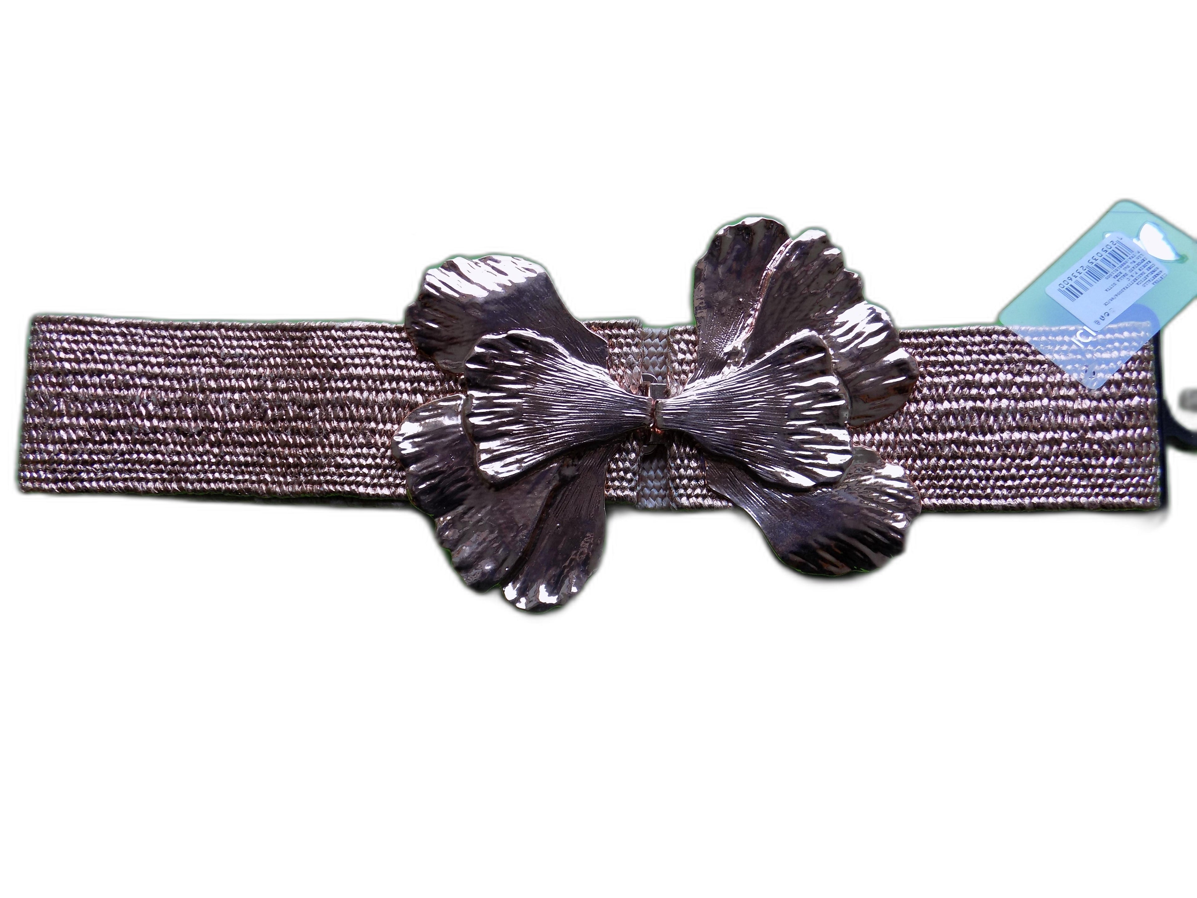 Cintura Elastica da Donna con Fibbia Floreale Metallica Marrone, Stile Designer